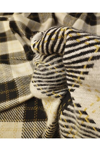 Kumaş Parça Cream Black Yellow Plaid Cashmere (Width 140 cm X Length 200 cm)