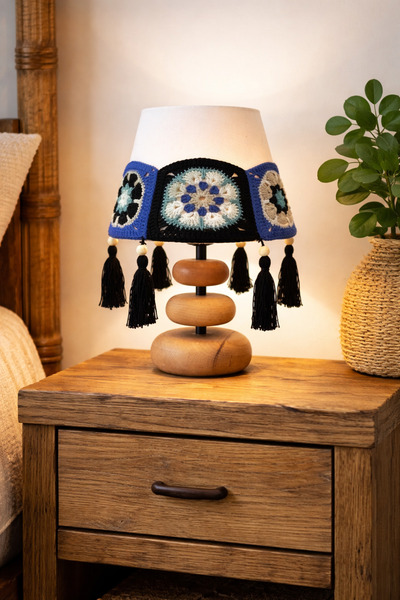 nijiartdesign Round Natural Wood Base Crochet Motif Tasseled Rustic Look Lamp...