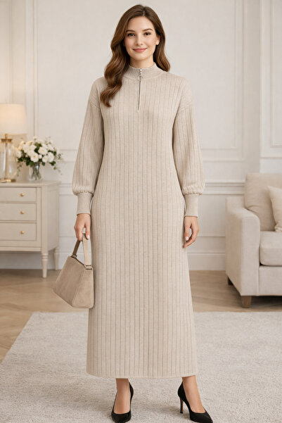 semela Thick Terry Fabric Standing Collar Zippered Knit Dress