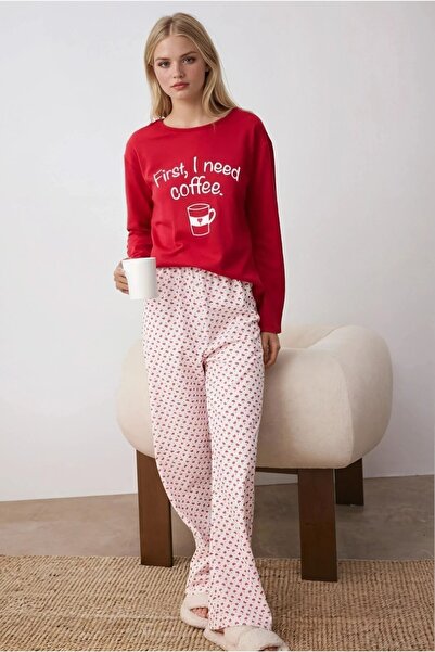 Buklemoda First I Need Coffee Printed Heart Pajama Set