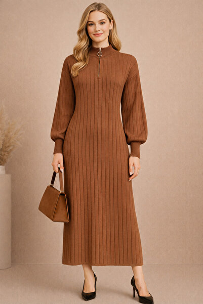 semela Thick Terry Fabric Standing Collar Zippered Knit Dress