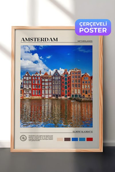 Zestia Drvena uokvirena zidna slika Kuće na Amsterdam kanalu Šareni gradski p...