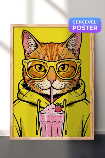 Zestia Drvena uokvirena zidna slika neon žute boje pop art sa naočarima mačka...