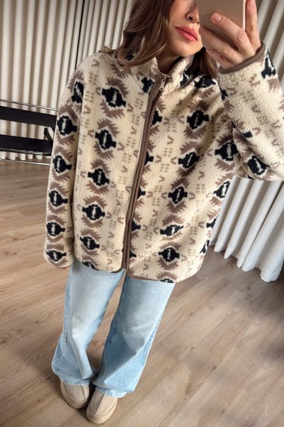 Sue Store Beige Black Patterned Zippered Oversized Plush Sweatshirt