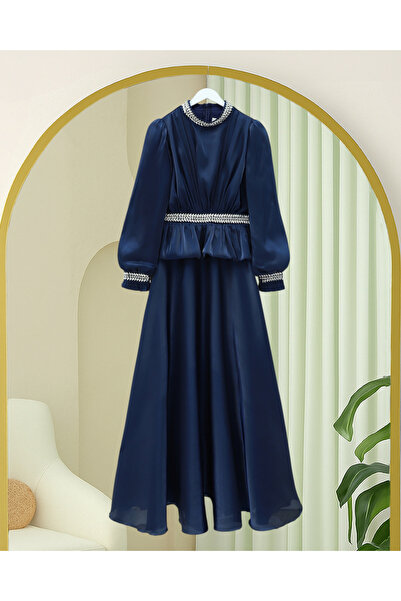 Modamorfo Beli Volan Detailed Stoned Janjan Satin Evening Dress -Laci