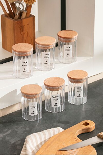 BuradaBuldun طقم علب توابل مكون من 6 قطع - غطاء خشبي مفرغ من الهواء |   450 م...