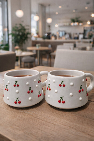 NİVRA GRUP (Set of 2) Handmade Embossed Ceramic Mug – Cherry Pattern Coffee &...
