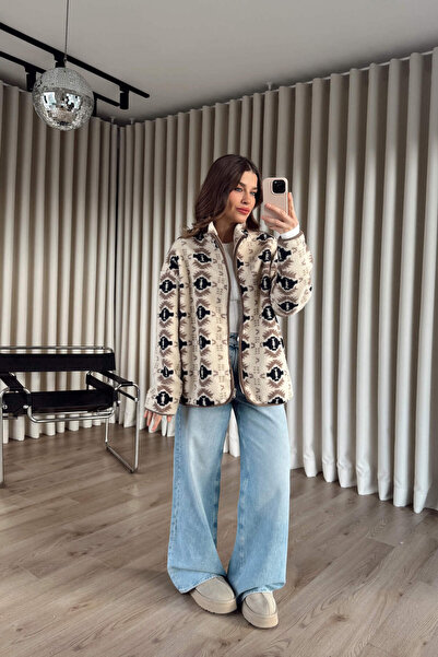 Sue Store Beige Black Patterned Zippered Oversized Plush Sweatshirt