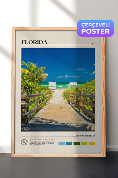 Zestia Drvena uokvirena zidna slika, prizor ulice na plaži Floride, dekoracij...