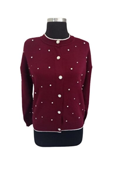ZY BUTİK Burgundy Stone Detailed Cardigan