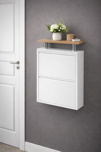 KARLI 2'li Beyaz Metal Ayakkabılık ( Üst Ahşap Tablalı )