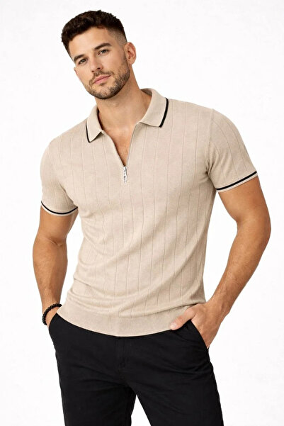 BLACK MODBLACK Men's Zippered Collar Terry Knit Short Sleeve Regular Fit T-Sh...