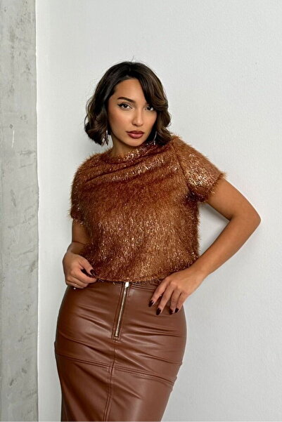 Caddebostan Moda Coffee Glitter Fringed Blouse Modern Premium Trend Design Bl...