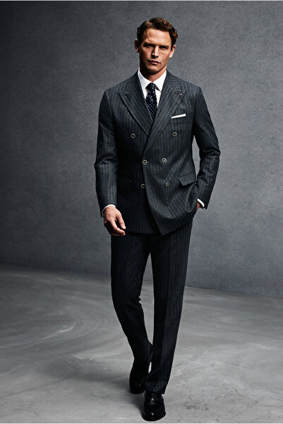 Abdullah Kiğılı Regular Fit Yünlü Çizgili Kruvaze Takım Elbise