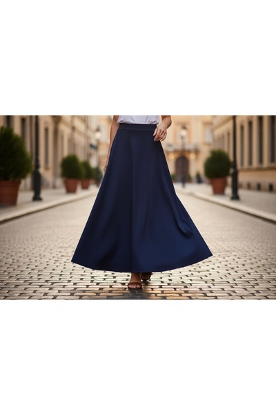 AYDENIZ Kadın Dökümlü Lacivert Midi Boy Etek – Rahat Kalıp
