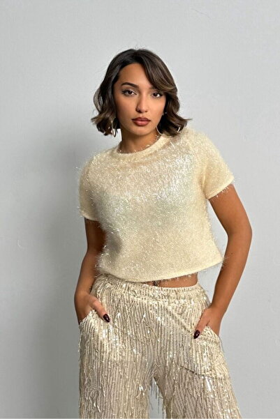 Caddebostan Moda Cream Glitter Fringed Blouse Modern Premium Trend Design Blouse