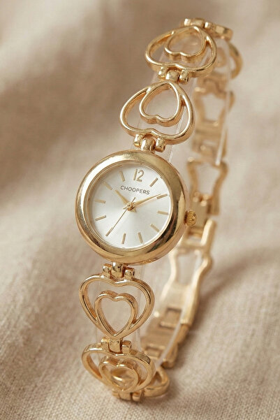 Volenta Shop Round Dial Gold Color Big Heart Detailed Women's Wristwatch