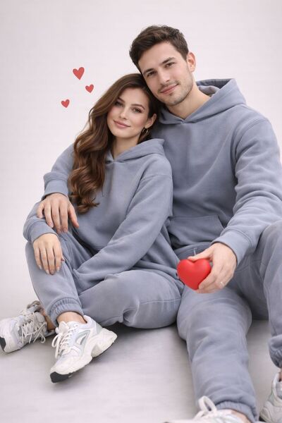Livedanimel Unisex Çift Sevgili Kombini Gri 3 İplik Kışlık Sweatshırt Eşofman...