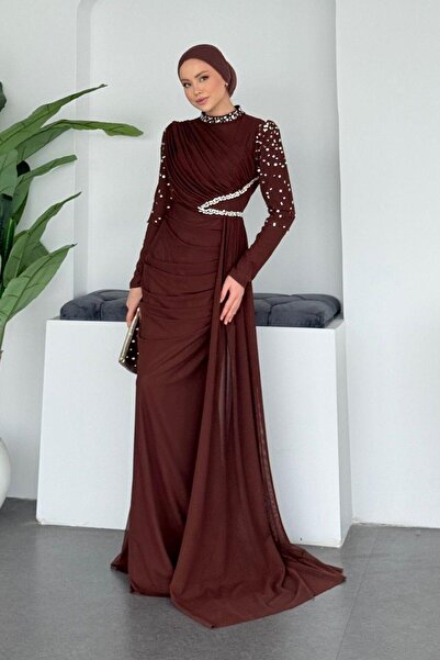 Şulemoda Giyim Rochie de seară Ava cu mâneci decorate cu pietre, maro
