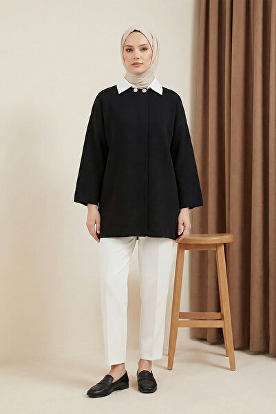 MODAQU Collared Buttoned Loose Knitwear Poncho - Black