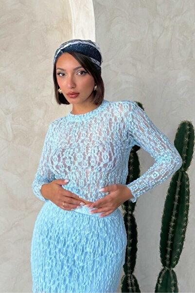 Caddebostan Moda Blue Long Sleeve Transparent Blouse Modern Premium Luxury Tr...