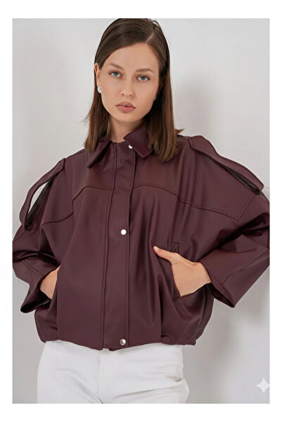 Orions Collection سترة نسائية من الجلد باللون العنابي من نيو سيزون – موديل ZR...