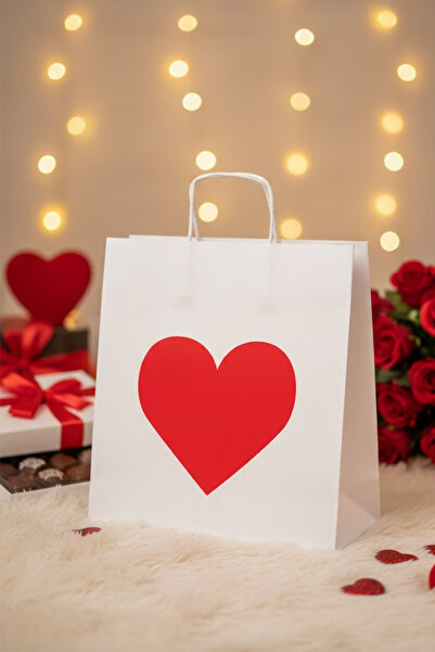 DEKAPAK 5 Adet Sevgililer Günü Hediye Poşeti Kalp Şekilli Beyaz Kraft Poşet 2...