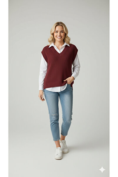 FİFTY ONE Women's Basic V-Neck Comfortable Fit Knitwear Sweater