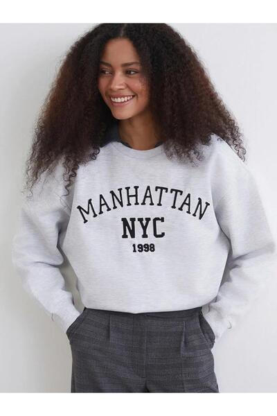 LC Waikiki Γκρι γυναικείο φούτερ με στάμπα Nyc Oversize (S6)