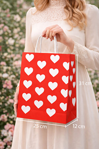 İnci Fix 5 Adet 25X31 Çok Kalpli Kırmızı Kraft Hediye Kutusu Çantası Sevgilil...