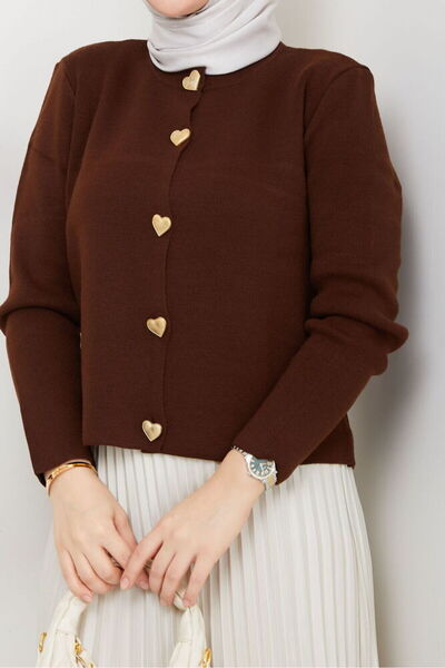 RFK Butik Women's Skirt Top Gold Heart Button Detailed Knitwear Cardigan - Brown