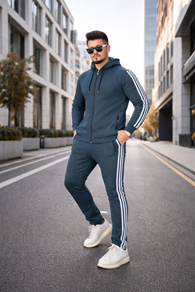 ORVIO Group Men's Tracksuit Set Hooded Zipper Sports Set Striped Casual Winte...