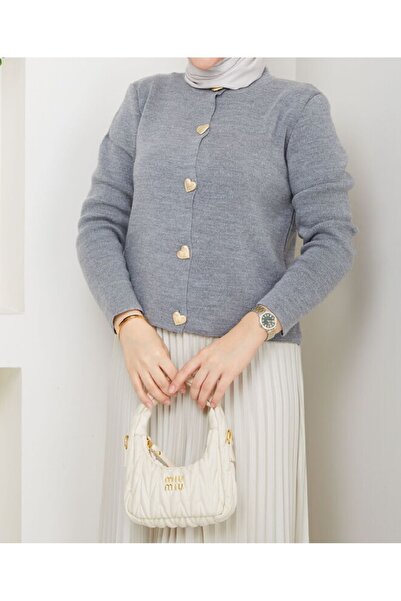 RFK Butik Women's Skirt Top Gold Heart Button Detailed Knitwear Cardigan - Gray