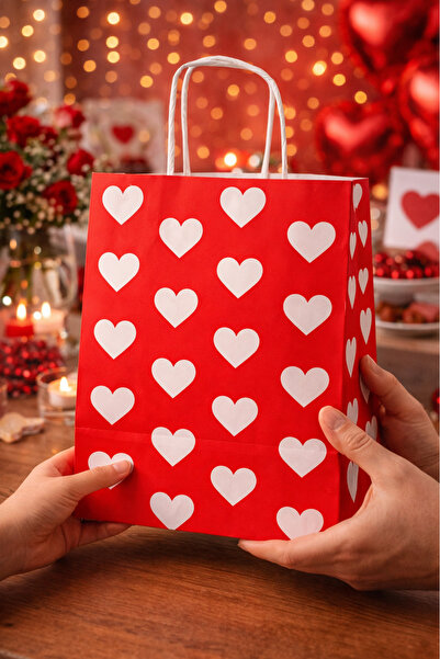 DEKAPAK 5 Adet Sevgililer Günü Hediye Poşeti Kalp Şekilli Kırmızı Kraft Poşet...