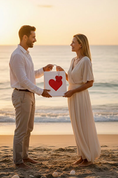 İnci Fix SET (Poşet+İp+ Kart) 25X31 Tek Kalpli Beyaz Kraft Hediye Kutusu Çant...