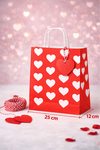 Palifix SET (Poşet+İp+ Kart) Çok Kalpli Kırmızı Kraft Hediye Poşeti Seti