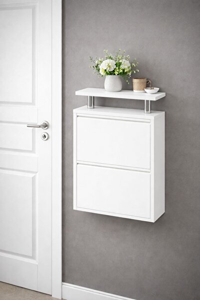 Arinna 2'li Beyaz Metal Ayakkabılık ( Üst Ahşap Tablalı )