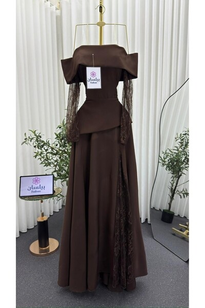 Bailsan Long brown taffeta dress with lace