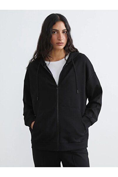 LC Waikiki Black Oversized Soft Touch Women's Zippered Sweatshirt (S6)