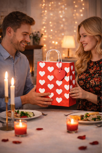 DEKAPAK SET (Poşet+İp+ Kart) Sevgililer Günü Hediye Paketi Seti Çok Kalpli Kı...