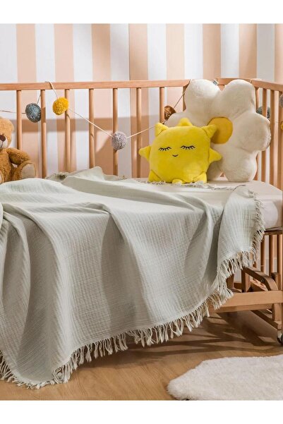 LC Waikiki بطانية موسلين للأطفال الأولاد باللون الأخضر مع شراشيب 100x100 سم (S6)