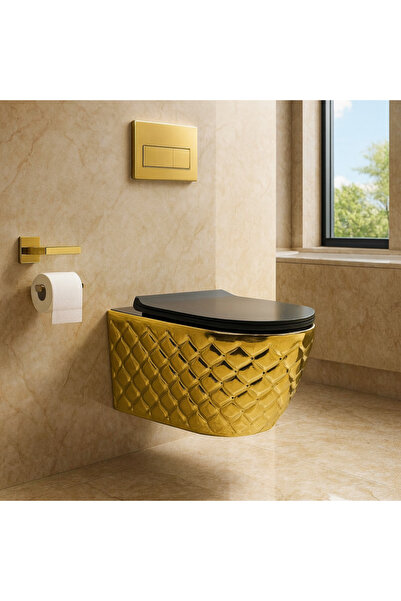 banyosepeti DiamondGold – Özel Desenli Gold Asma Klozet (Amortisörlü Kapak Da...