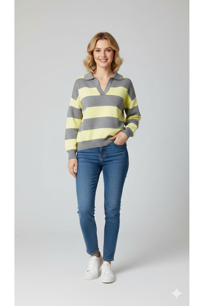 FİFTY ONE Striped Polo Collar V-Neck Knit Sweater