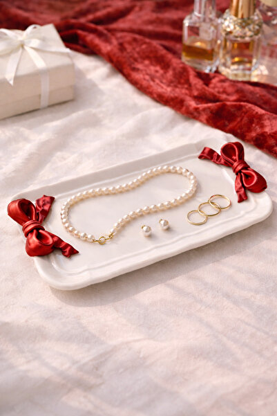 PELIUS Y2K Style Decorative Plate with Bow Detail, Mini Presentation Tray