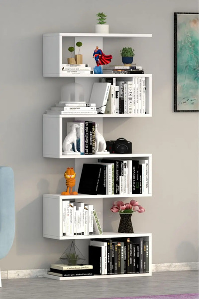 MobilyaFırsat Beyaz Zigzag Kitaplık – Çok Amaçlı 6 Raflı Modern Duvar Yanı Ra...