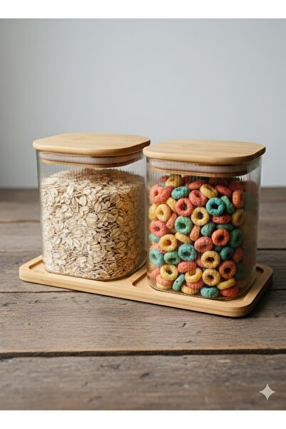 yiwu home Bamboo Lid Vacuum Striped Square Jar Set of 2 850ml