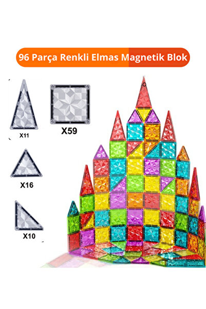 Magicway Mıknatıslı Manyetik Yapı Blokları 96 Parça Renkli Elmas Desenli Mag-...
