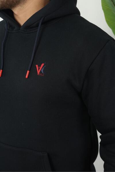 Vesli Men's Black Hooded Sweatshirt Three Threaded Yarns Casual Comfortable