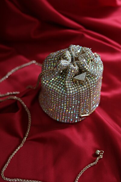 Moom Bag Geantă de seară cu lanț din piatră aurie strălucitoare pentru femei