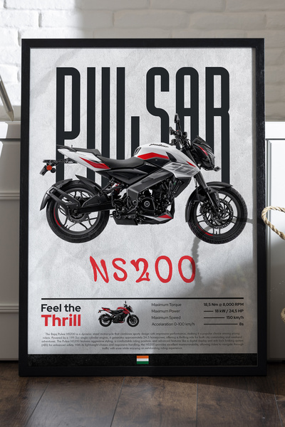 Duvarda Poster Bajaj Pulsar NS 200 cu ramă din lemn negru, pictură decorativă...